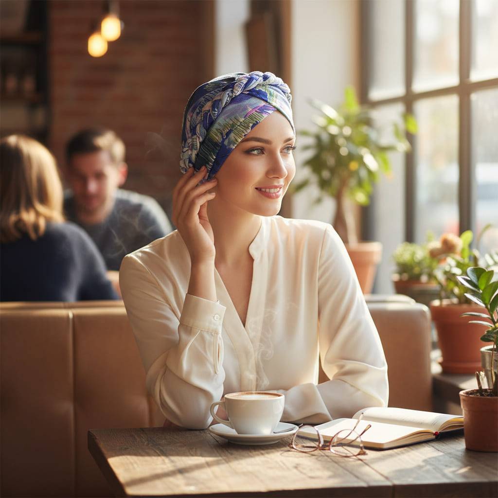 Femme portant un turban bleu à motifs colorés