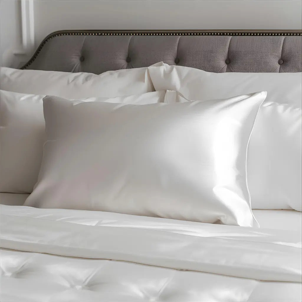 Taie d'oreiller en soie blanche sur un lit