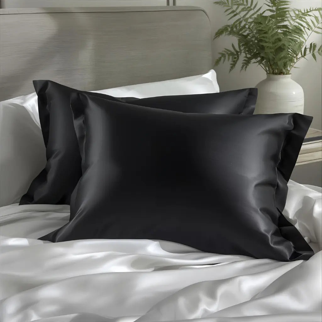 Taie d'oreiller en soie noire sur lit moderne