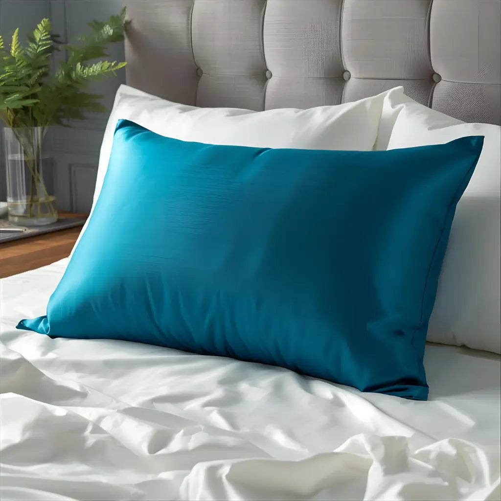 Taie d'oreiller en soie bleu paon sur lit blanc