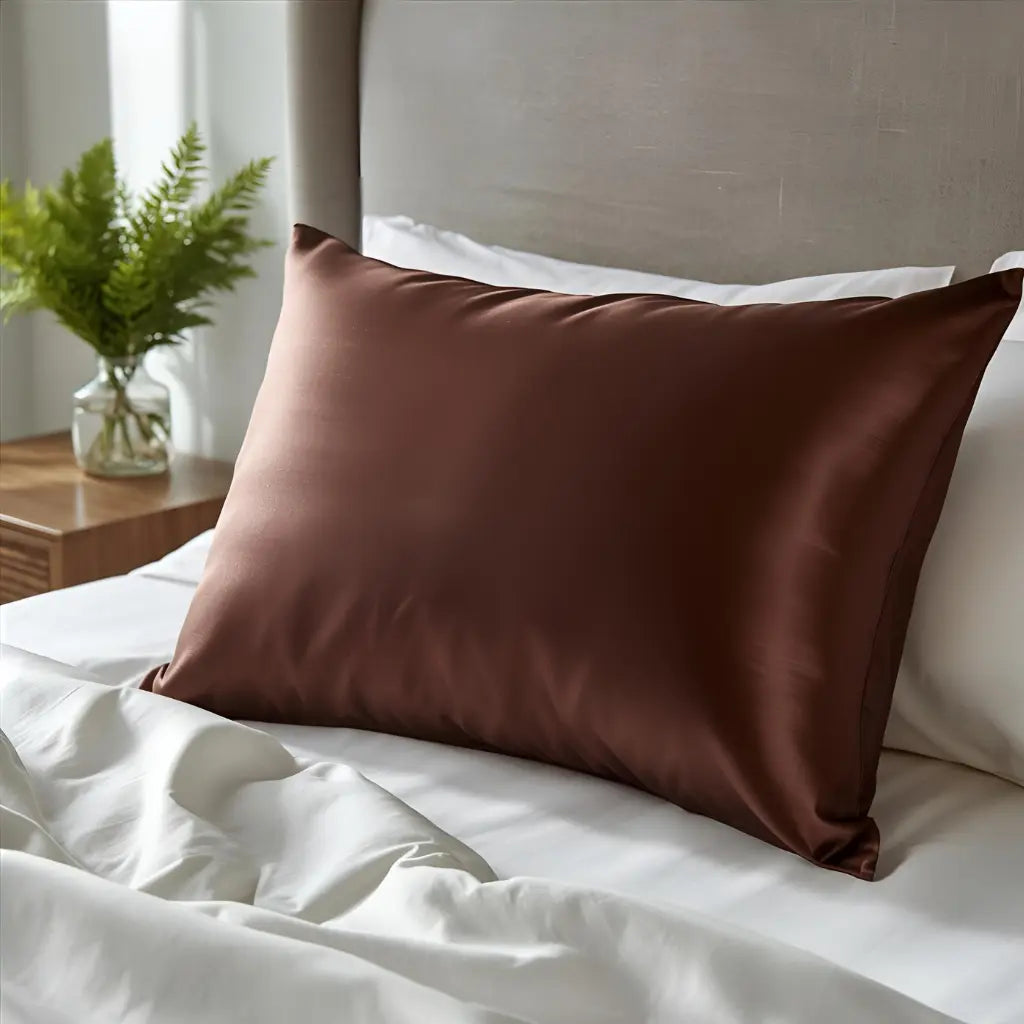 Taie d'oreiller en soie chocolat sur lit blanc