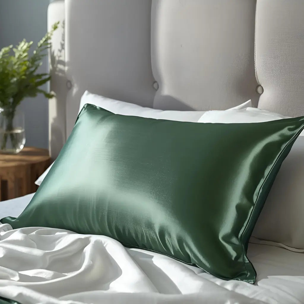 Taie d'oreiller en soie verte sur un lit blanc