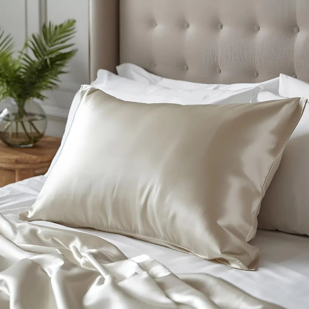 Taie d'oreiller en soie beige grège sur lit blanc