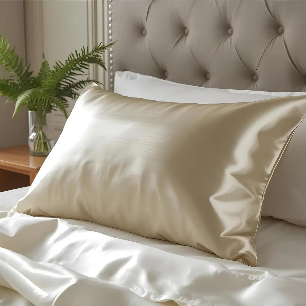 Taie d'oreiller en soie beige sur lit blanc