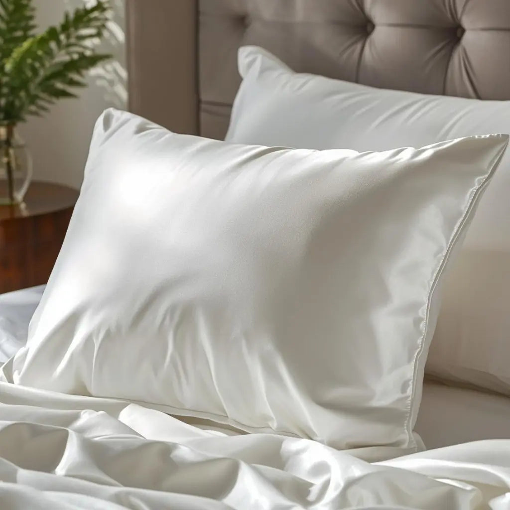 Taie d'oreiller en soie blanche sur un lit