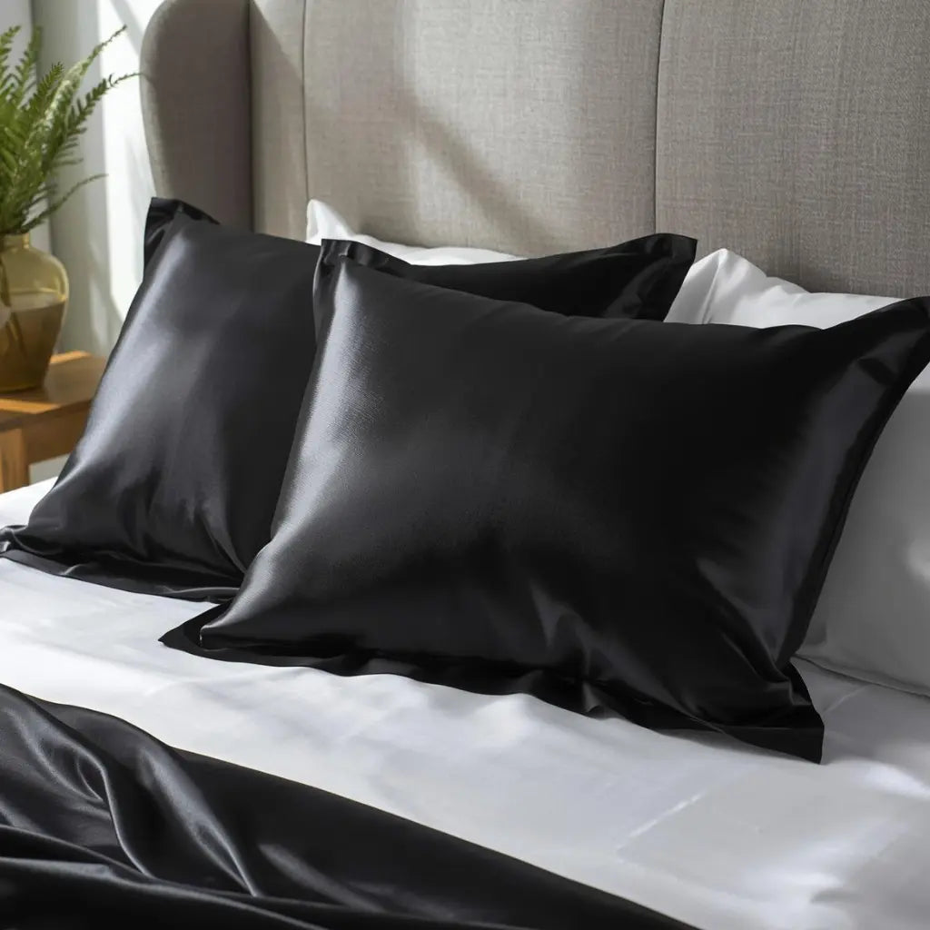 Chambre moderne avec taie d'oreiller en soie noire