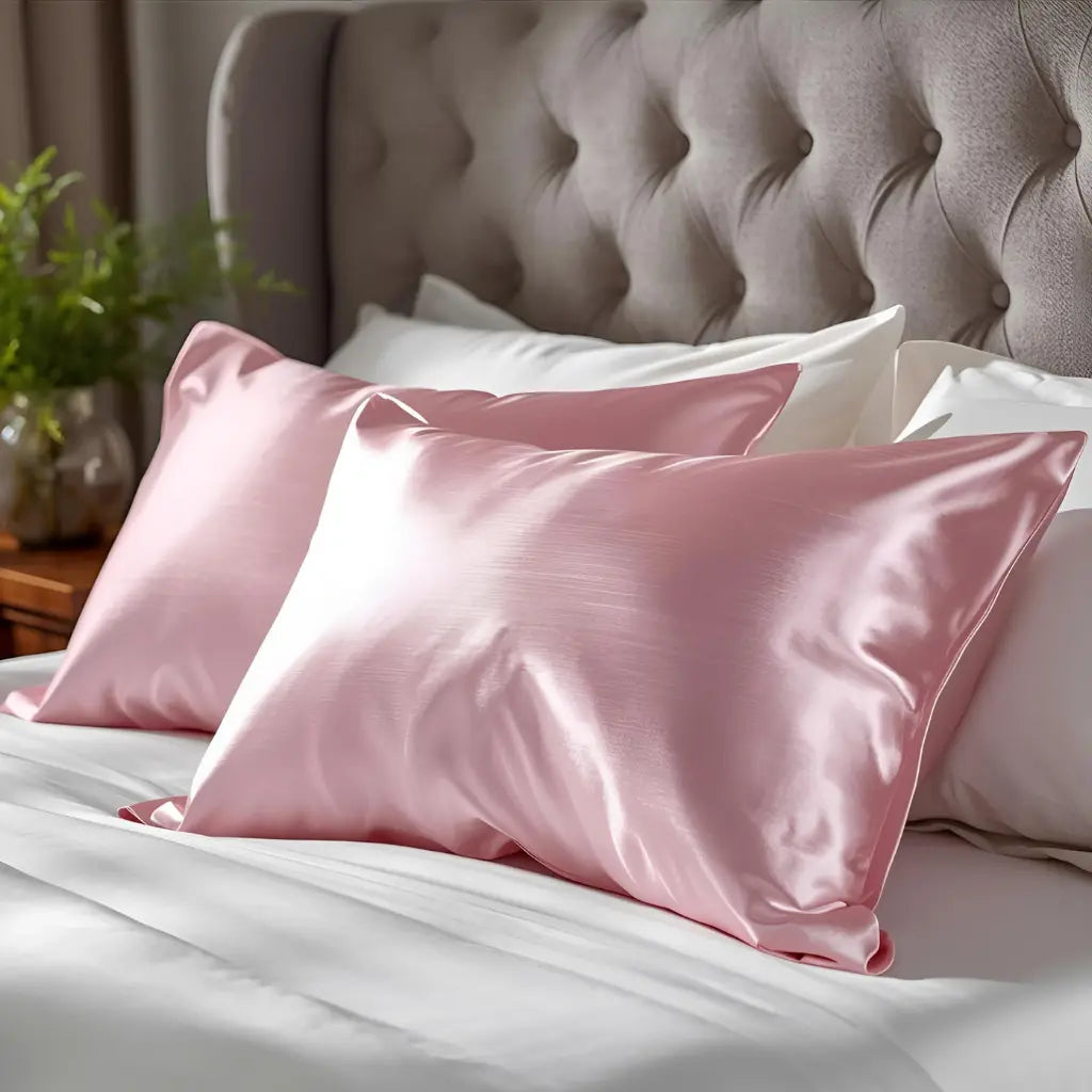 Taie d'oreiller en soie rose poudré sur lit blanc