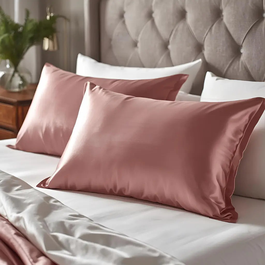 Taie d'oreiller en soie brun rosé sur lit