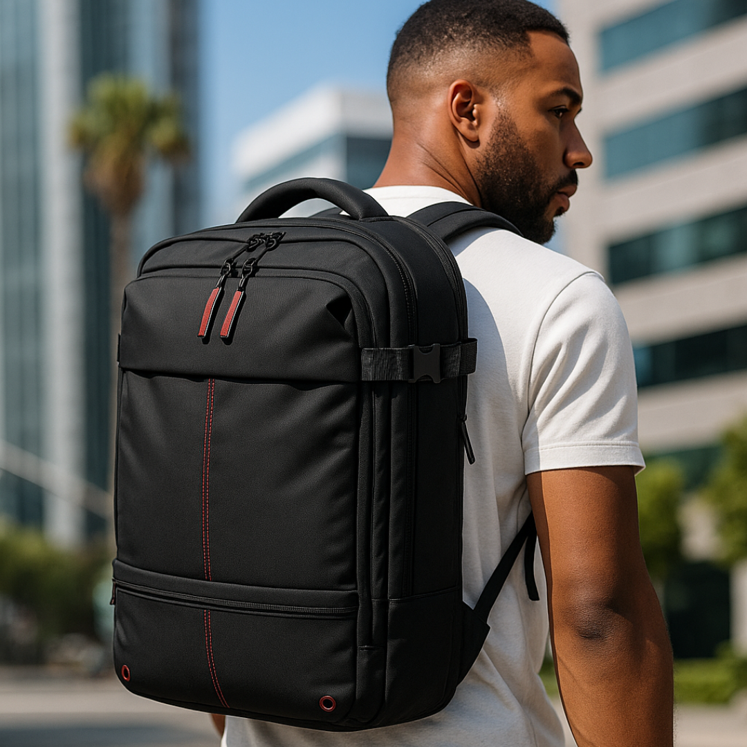 Sac à dos noir avec poches multiples sur fond blanc