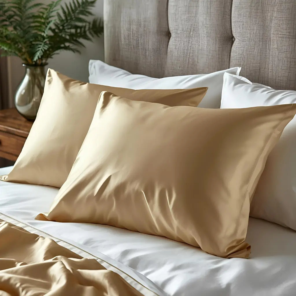 Taie d'oreiller en soie dorée sur un lit