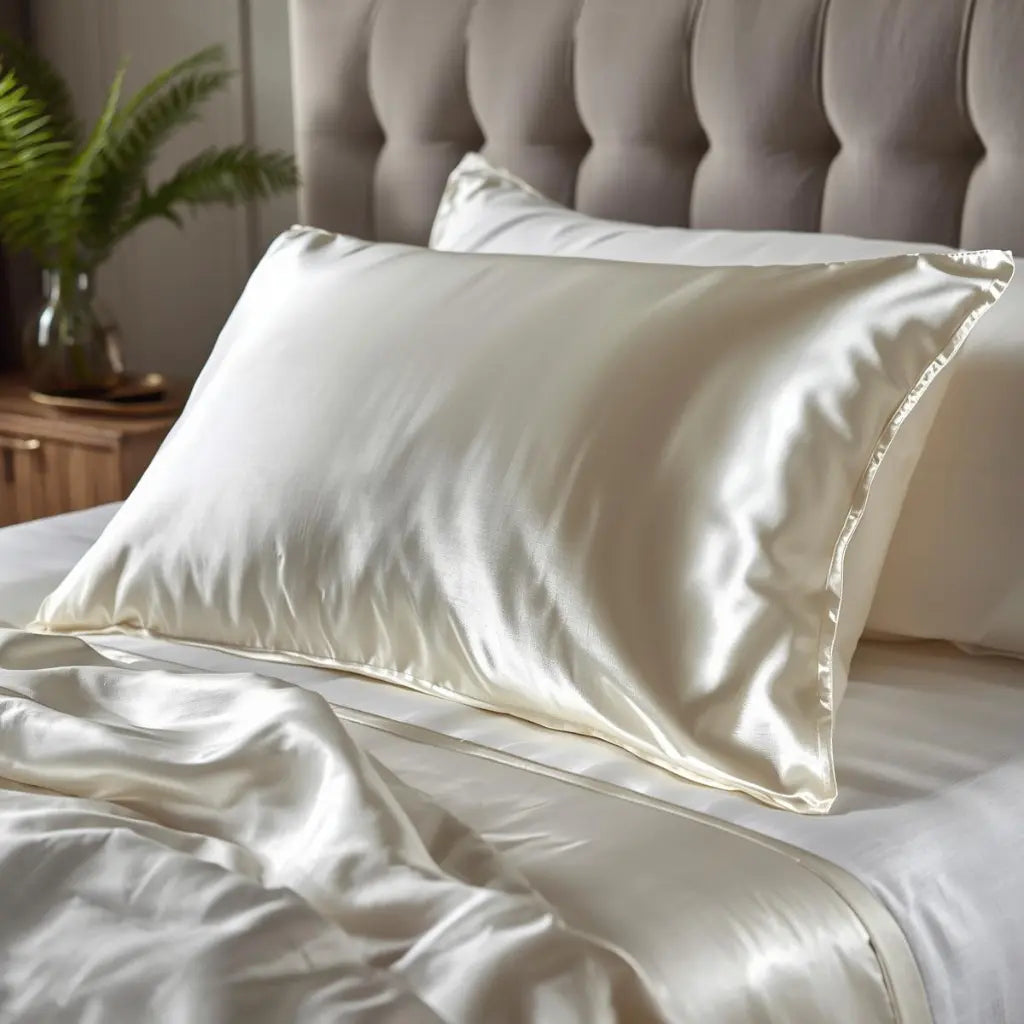 Taie d'oreiller en soie ivoire sur un lit