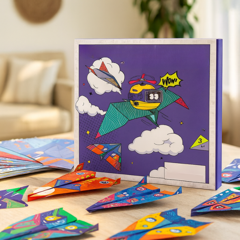 Collection de feuilles colorées pour avions en papier, divers motifs visibles