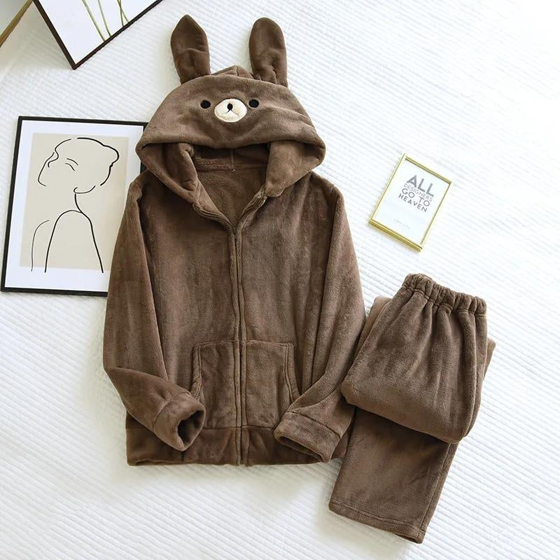 Pyjama marron en Pilou Pilou avec motif lapin et capuche