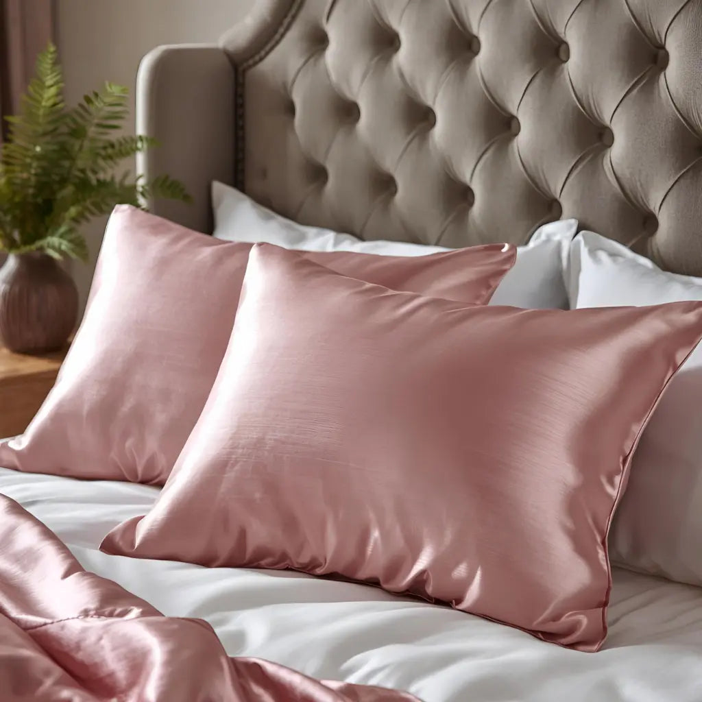 Taie d'oreiller en soie rose sur lit blanc