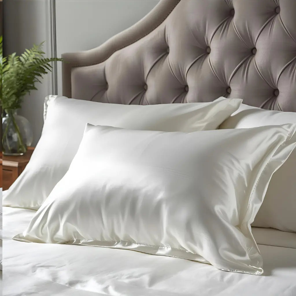 Taie d'oreiller en soie blanche sur un lit