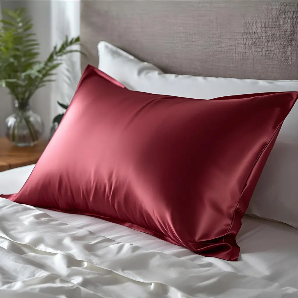 Taie d'oreiller en soie rouge profond sur un lit