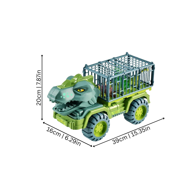 Camion jouet transporteur de dinosaures avec dimensions visibles