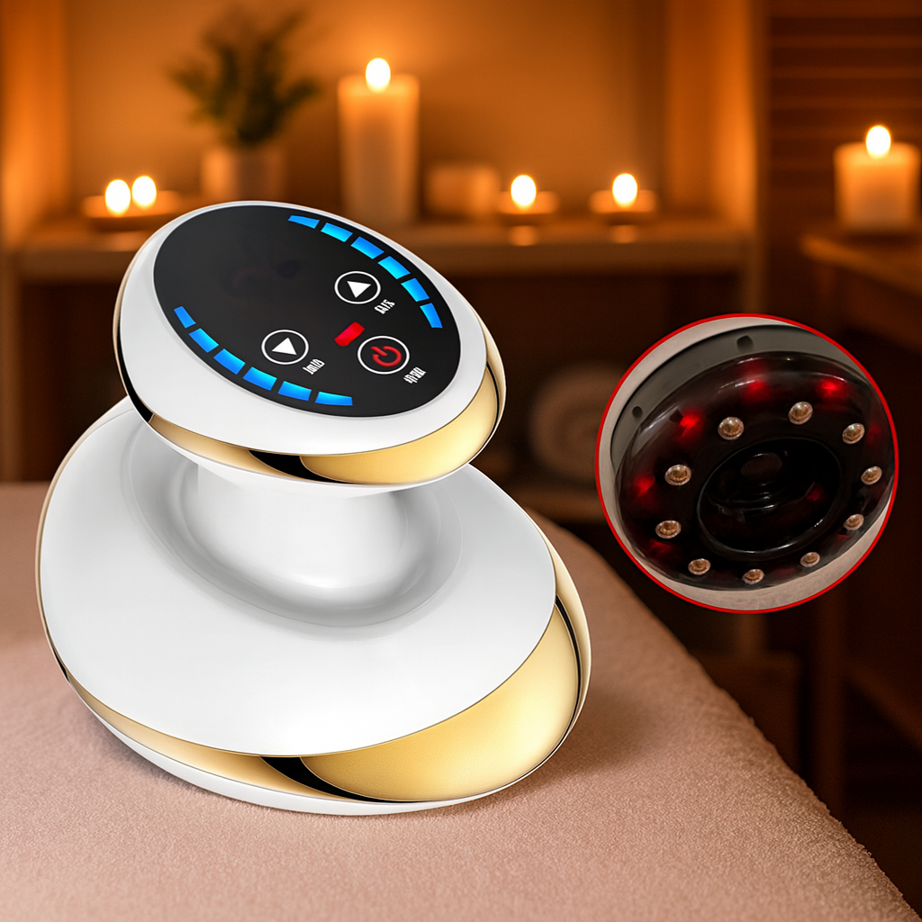 Vue de côté du masseur avec détails ergonomiques