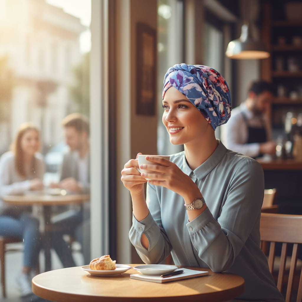 Vue de côté d'un turban chimio bleu à motifs