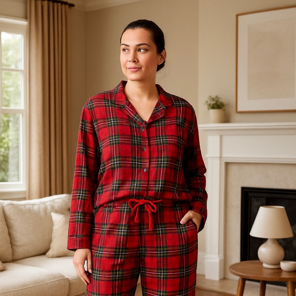 Femme assise en tenue détente plaid, ambiance cosy