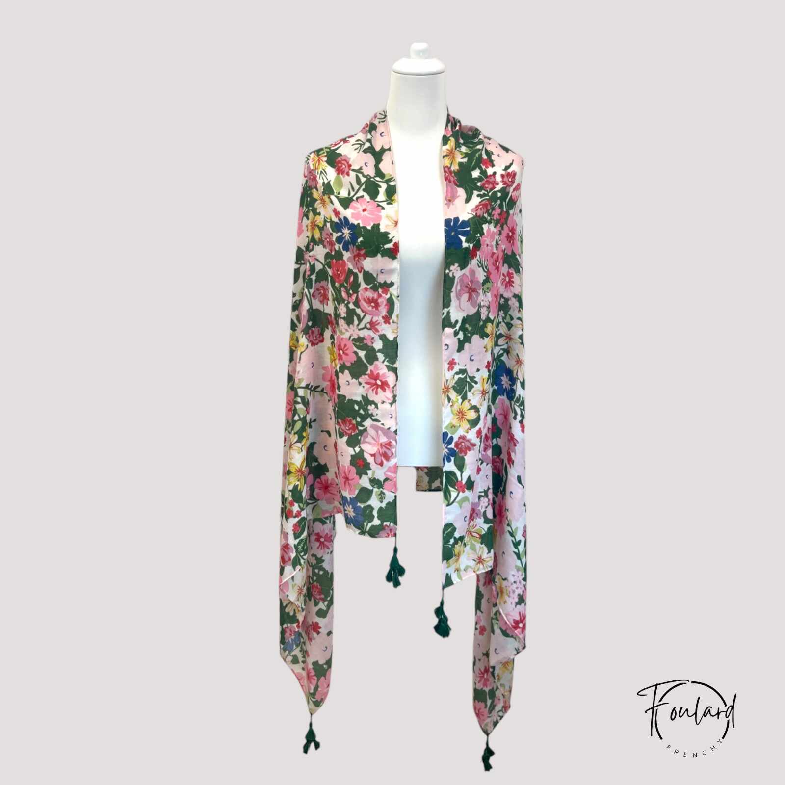 Foulard floral en viscose avec motifs roses et verts
