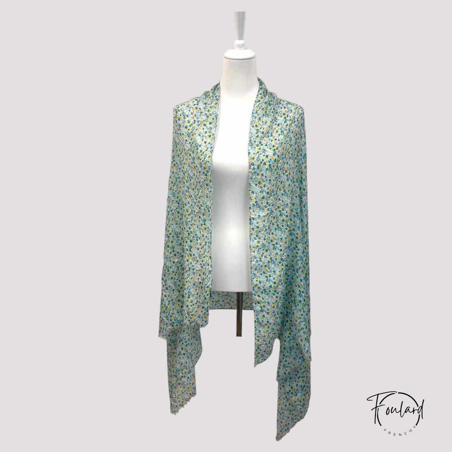 Foulard bleu-vert avec motifs floraux et détails dorés