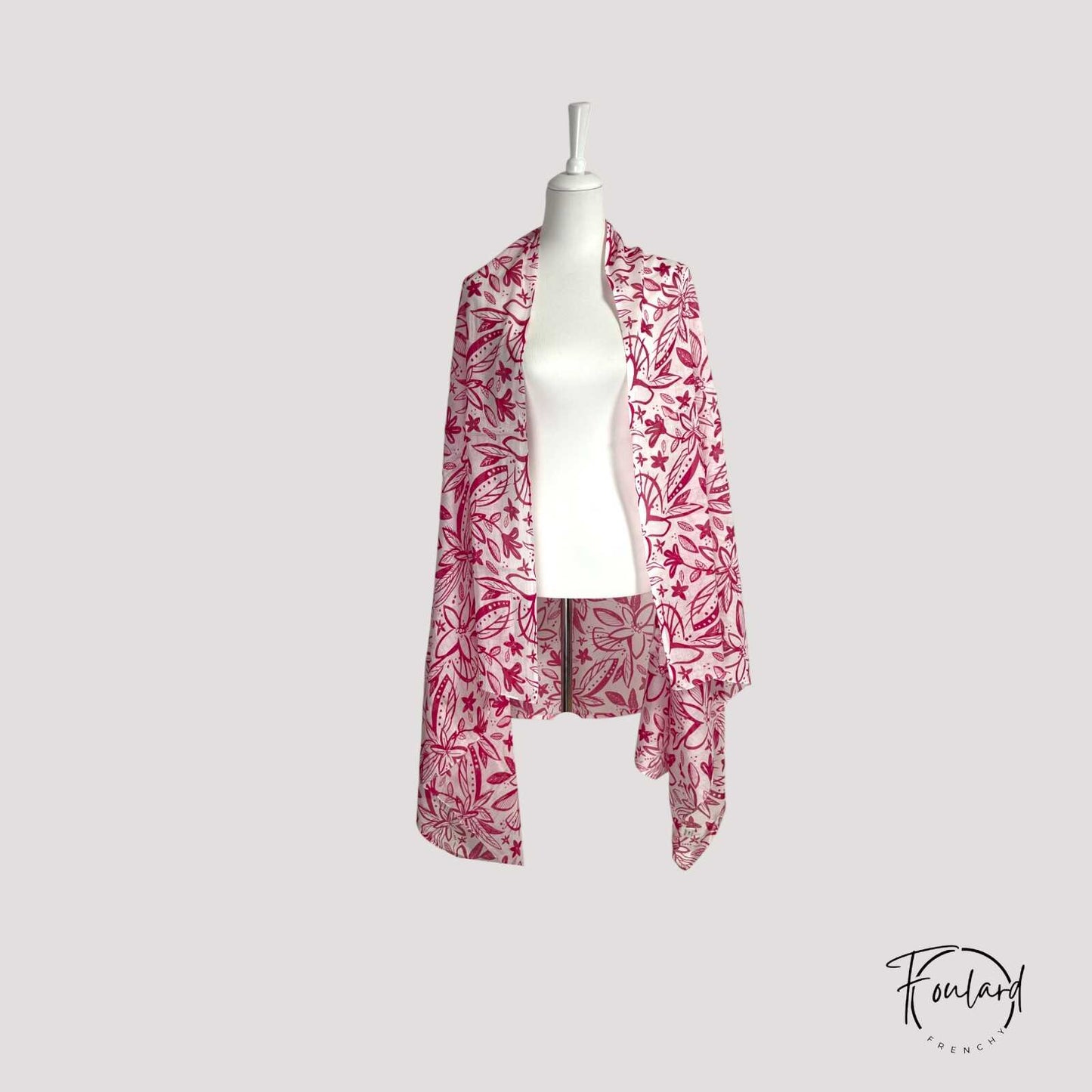 Foulard fuchsia floral en coton sur fond blanc