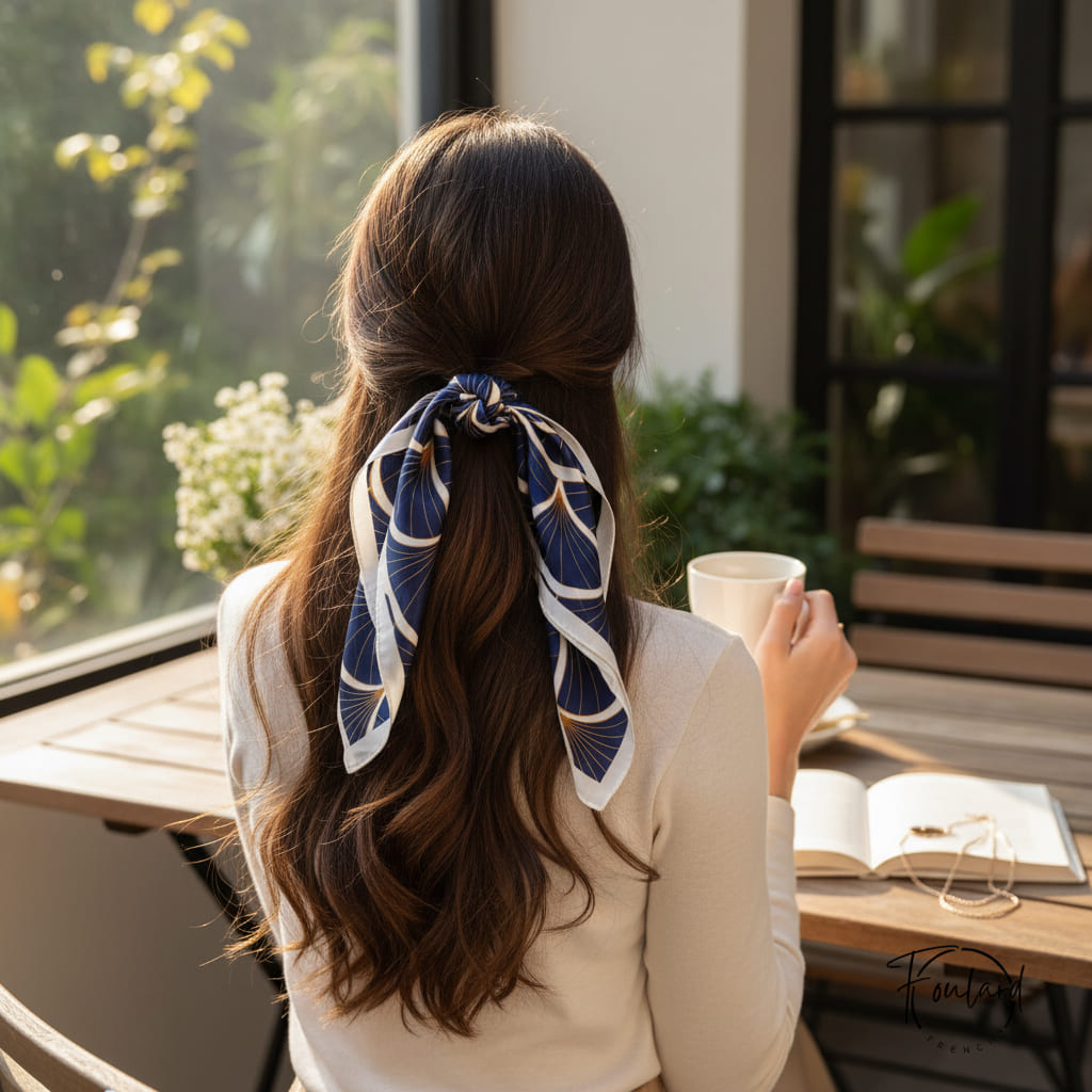 Foulard carré porté autour du cou, style sophistiqué