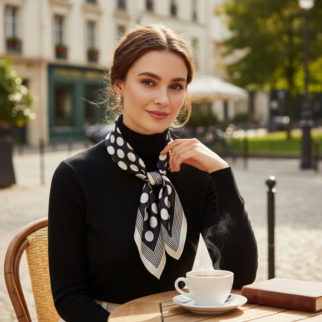 Foulard porté dans les cheveux, soulignant le style moderne