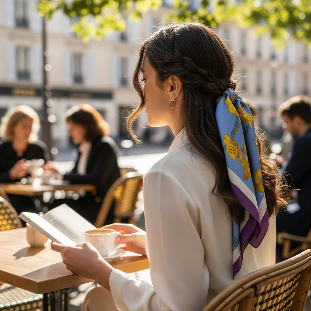 Foulard carré en polyester satiné, motifs jaunes et violets