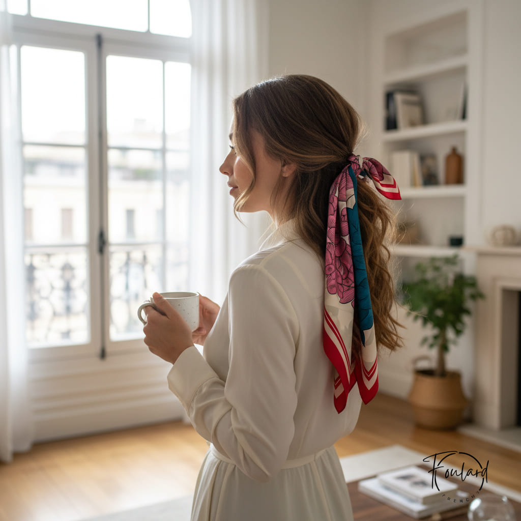 Foulard noué autour du cou, montrant le motif floral élégant