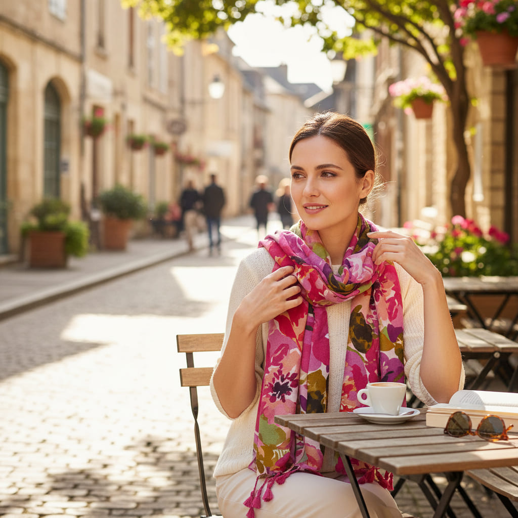 Foulard déployé, mettant en valeur ses dimensions généreuses