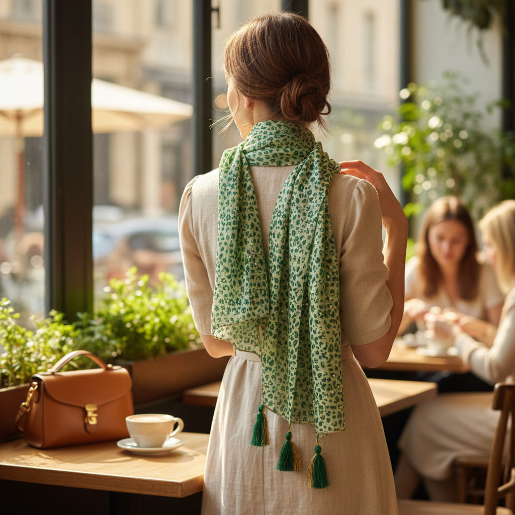 Foulard ample à motif léopard vert, détails dorés