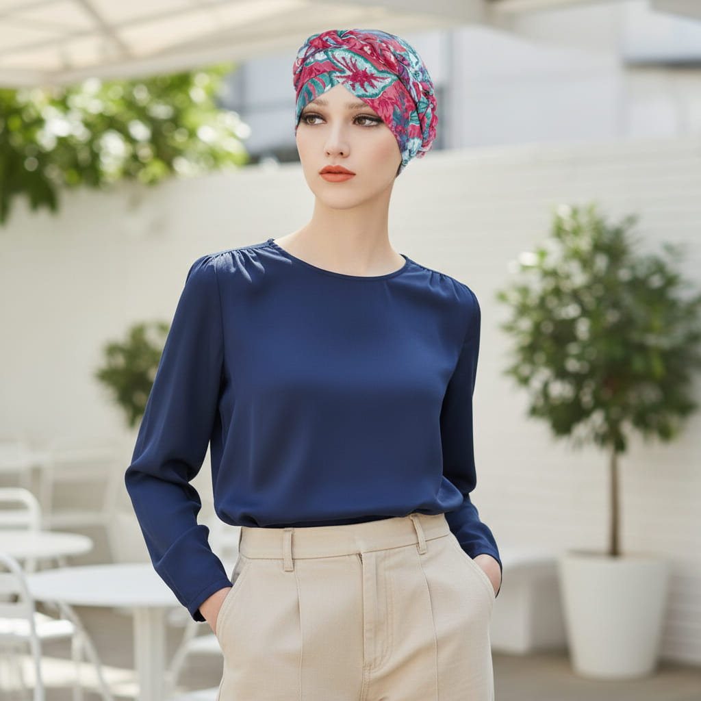 Détail du tissu doux et respirant du turban bordeaux