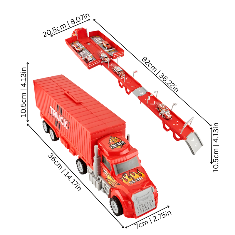 Camion jouet transformable avec dimensions indiquées
