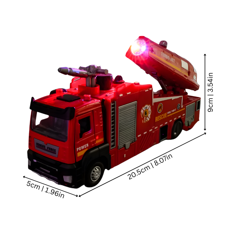 Camion de secours rouge avec échelle et lumières allumées