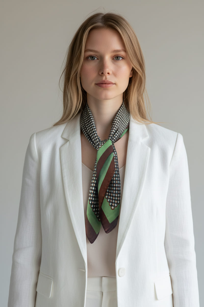 Foulard carré porté autour du cou, motif rétro vert et marron