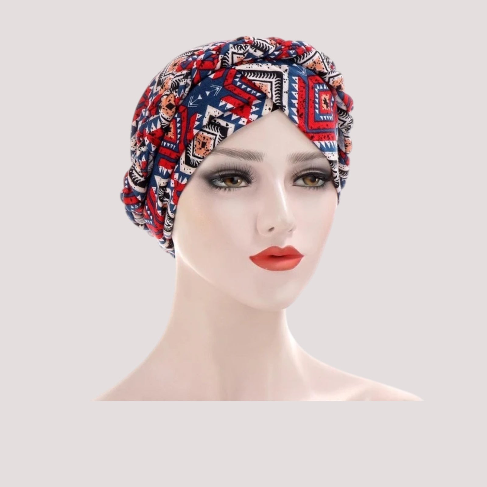 Foulard turban rouge en mousseline, motif aztèque