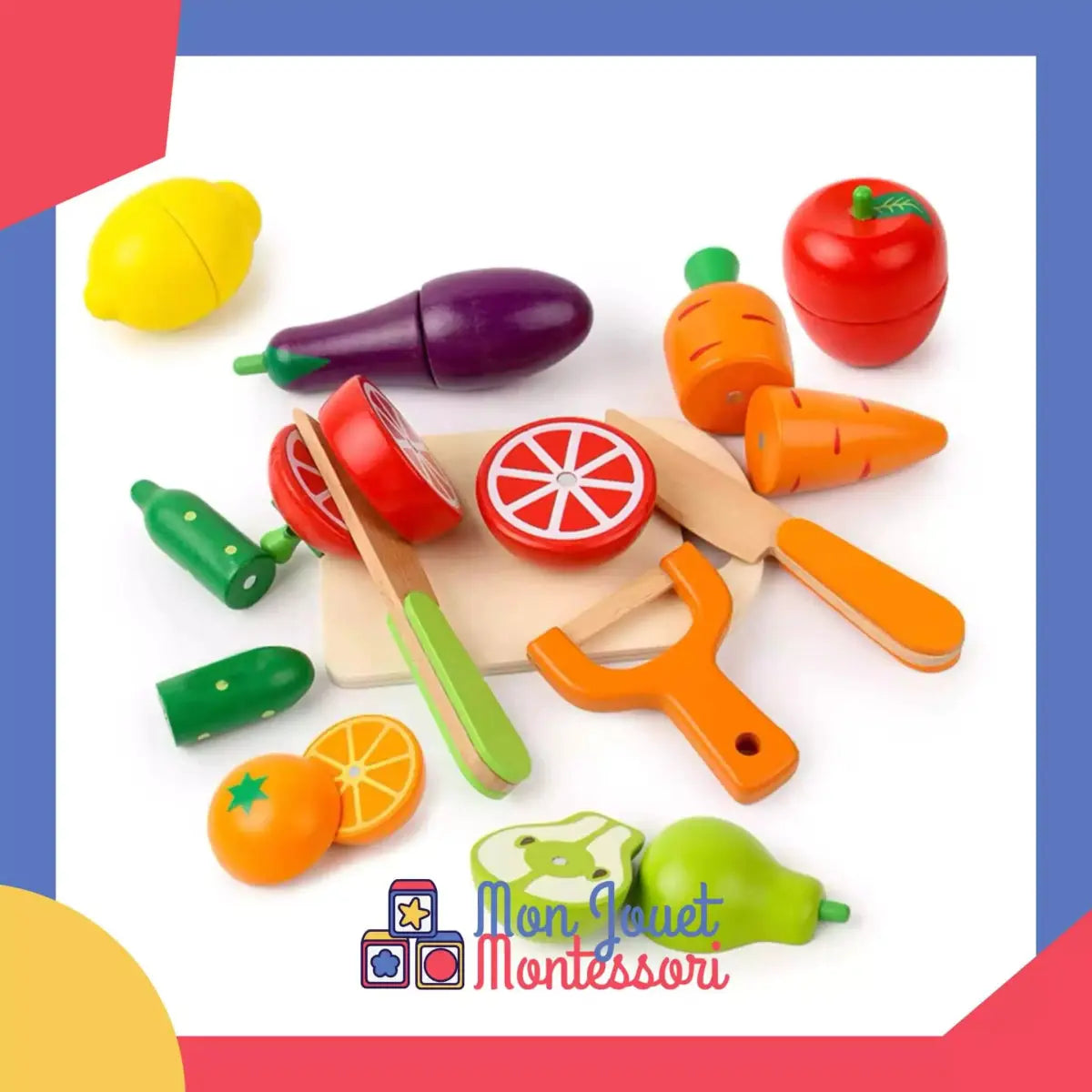 Ensemble de fruits et légumes en bois colorés à découper