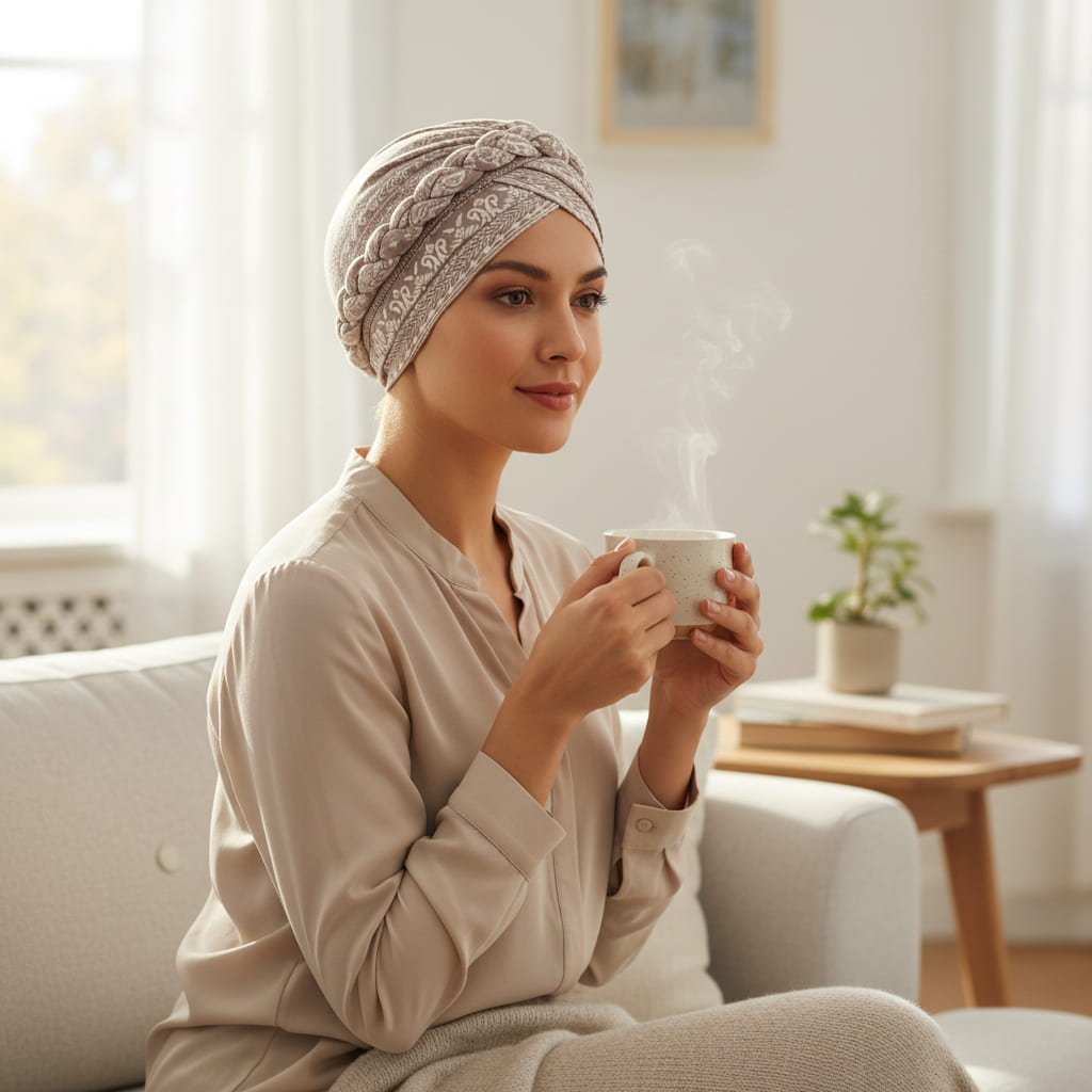 Turban gris beige bohème porté par une femme