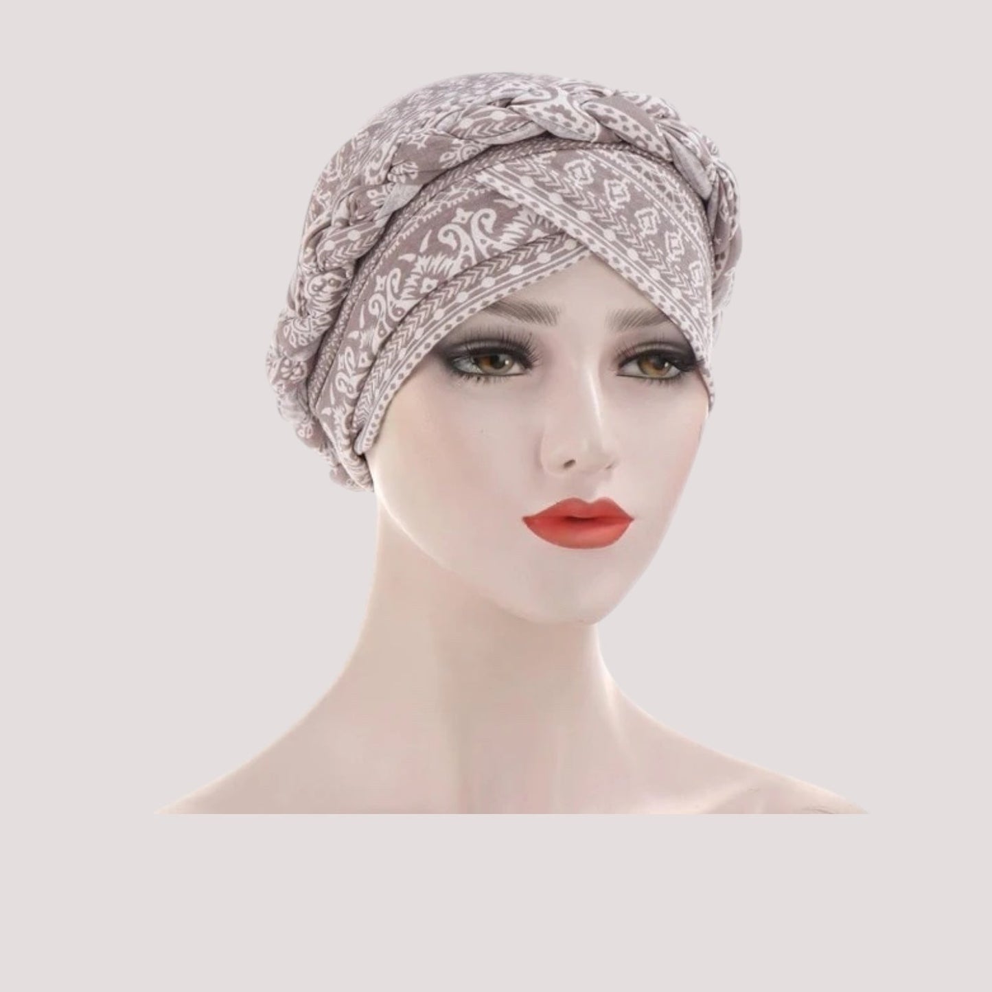 Turban gris bohème avec motifs, vue de face