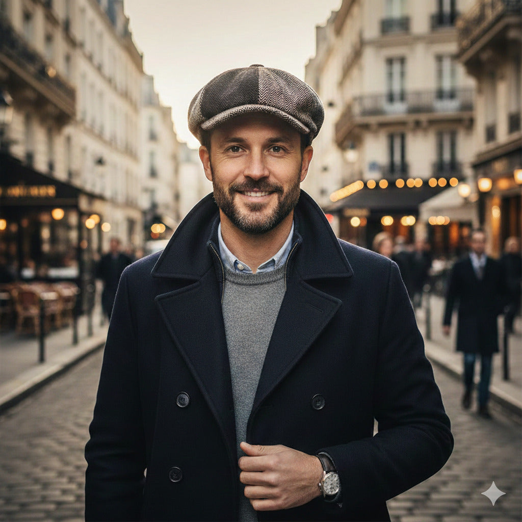 Casquette Gavroche en laine grise avec bouton décoratif