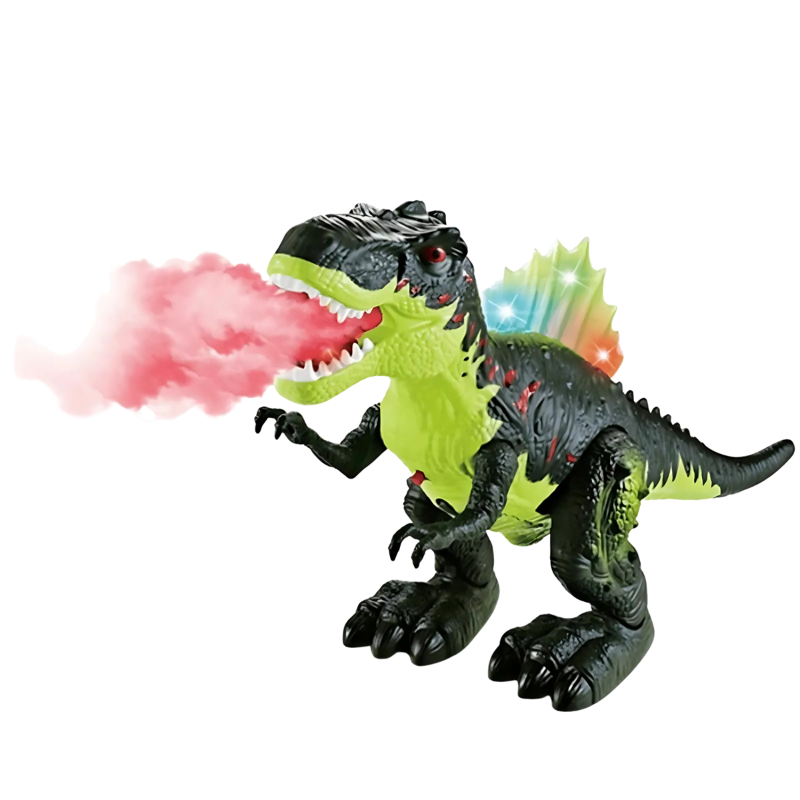 Gros plan sur la tête du dinosaure interactif vert