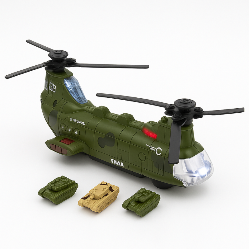 Hélicoptère jouet vert avec détails de cockpit visibles