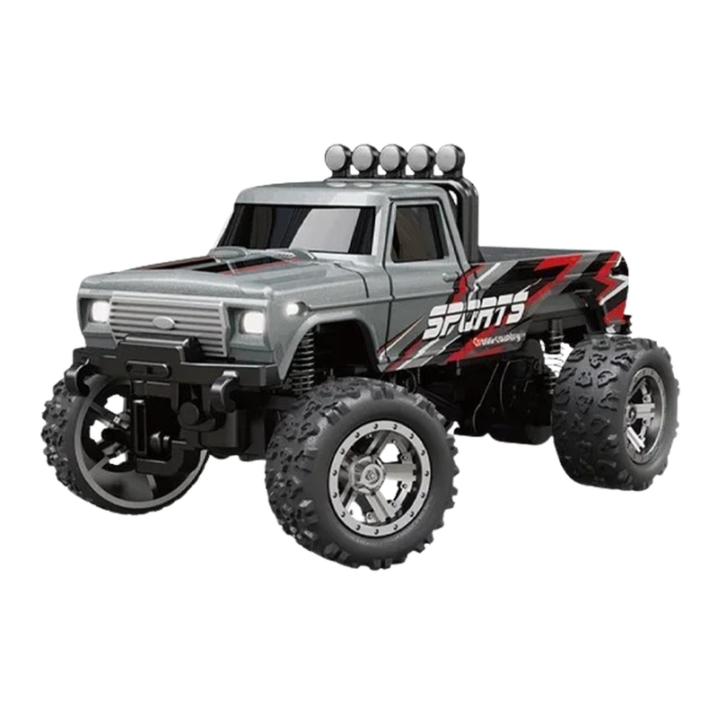 Mini monster truck RC gris, en vue de profil sur fond blanc