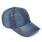 Vue latérale d'une casquette denim montrant les coutures