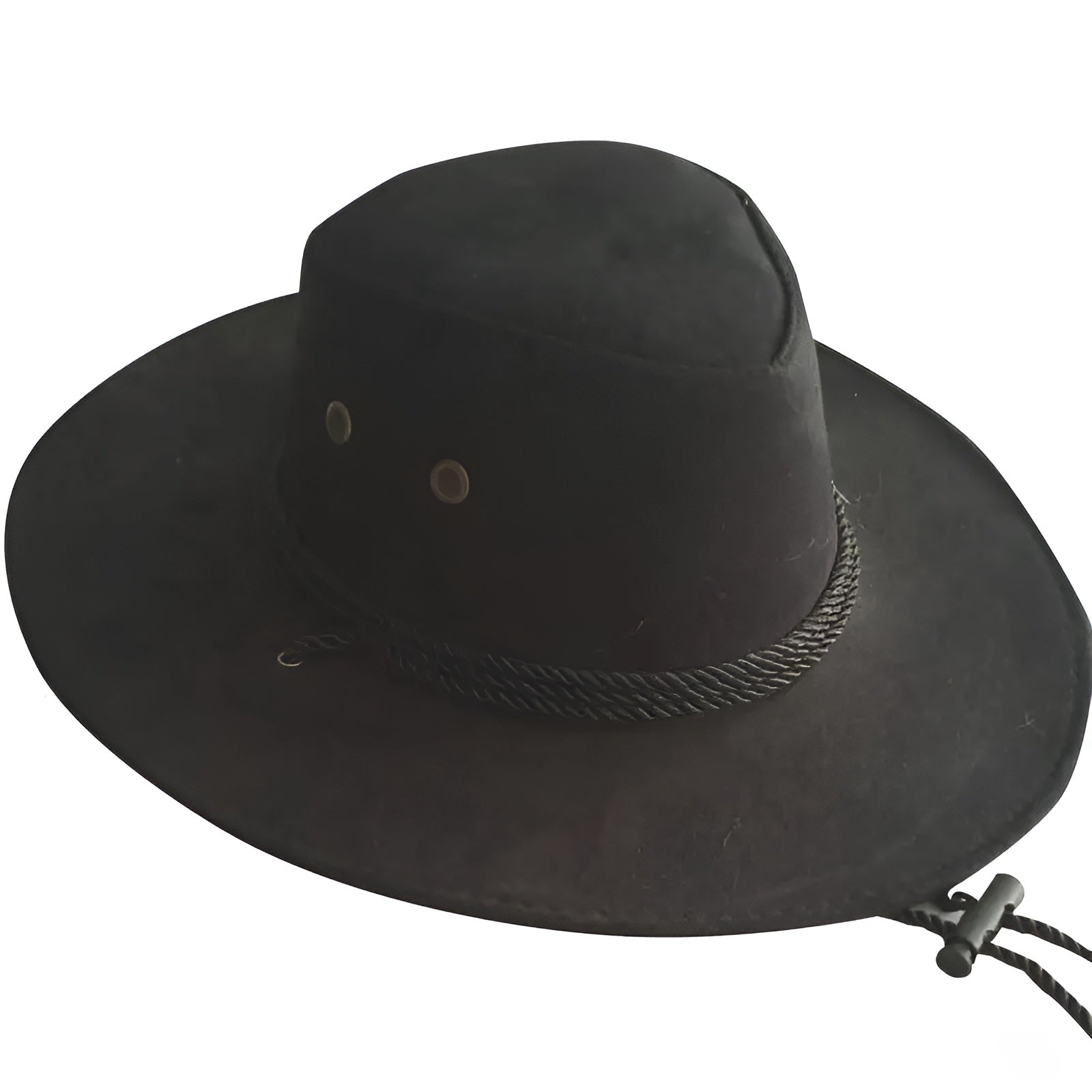 Chapeau cowboy en cuir sur fond blanc, vue de dessus