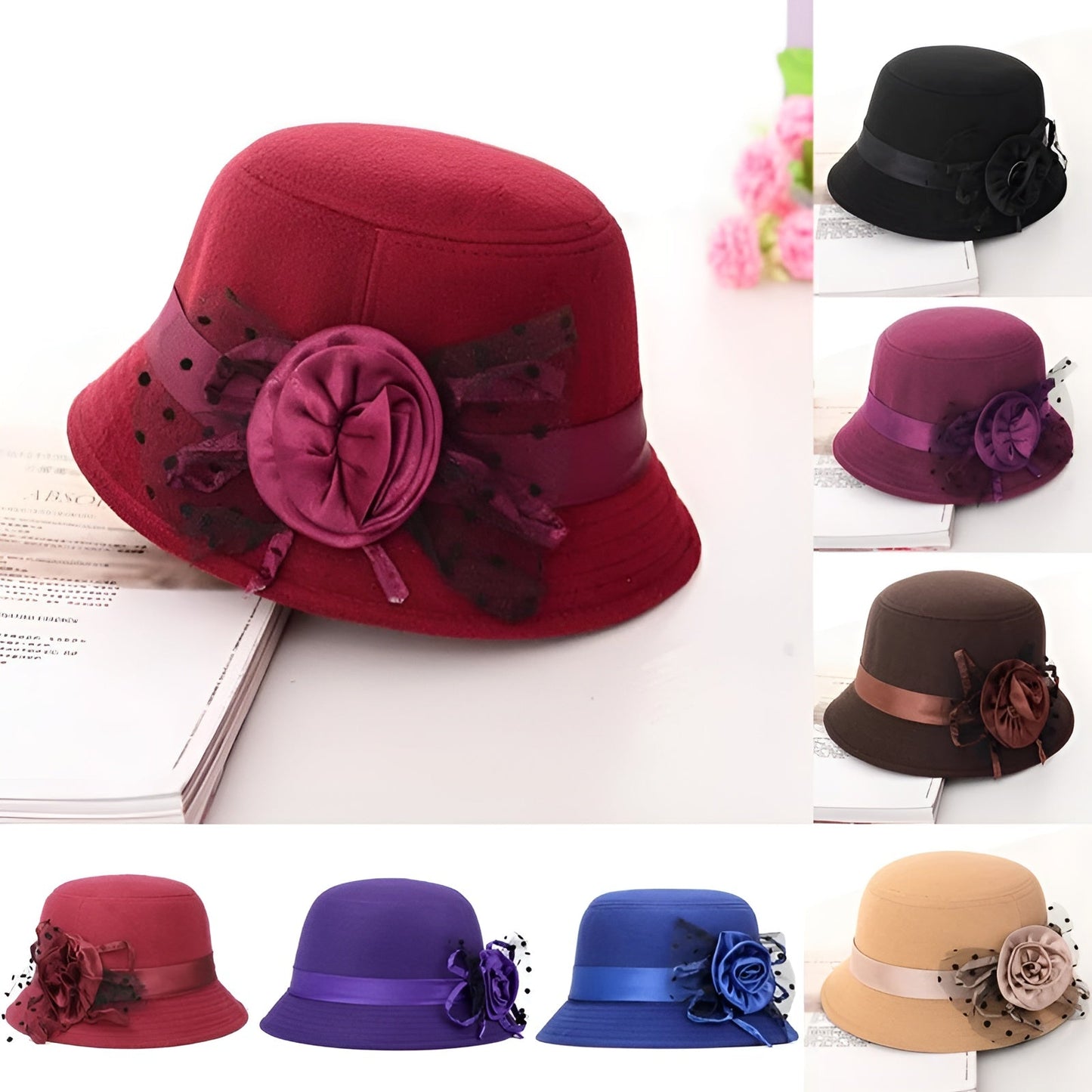 Chapeau cloche rouge avec bord large et détail floral
