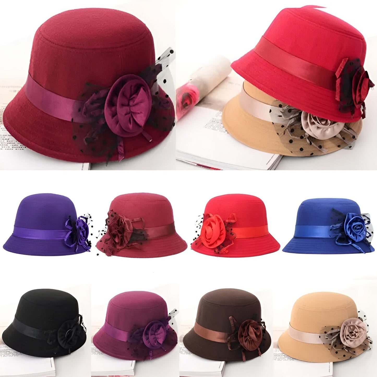 Vue de profil d'un chapeau cloche bleu marine texturé