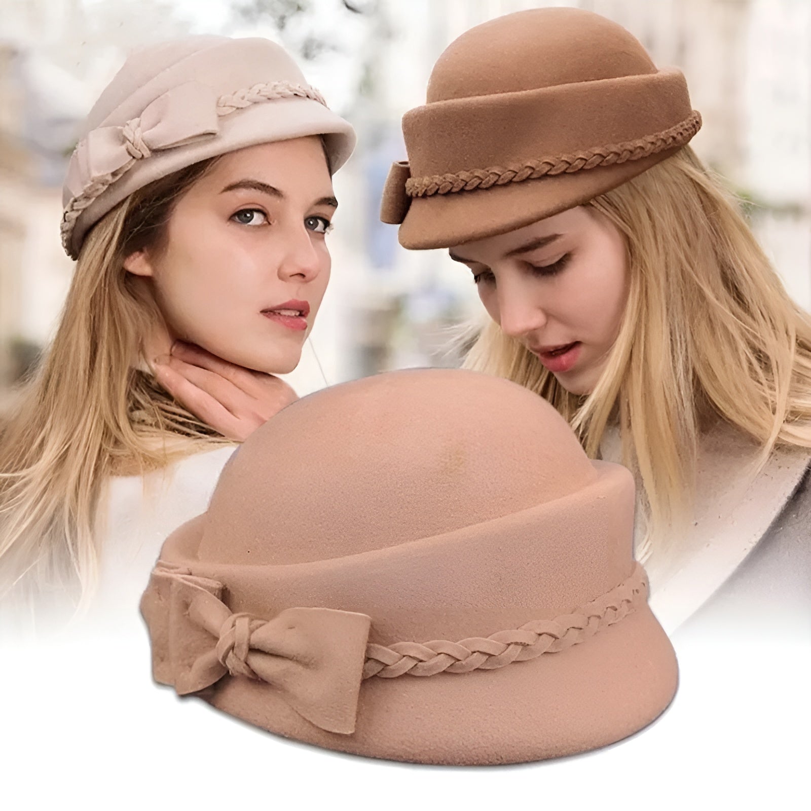 Chapeau cloche beige avec ruban noir élégant